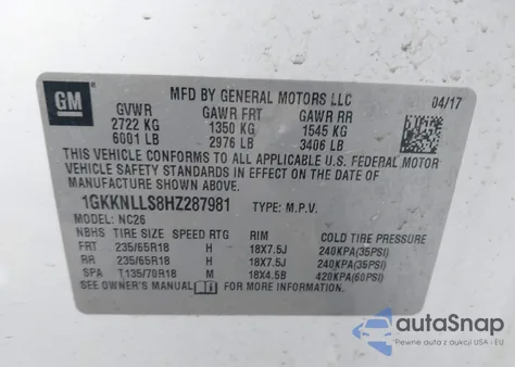 2017 GMC Acadia Sle-2 из США, поврежденный, VIN 1GKKNLLS8HZ287981